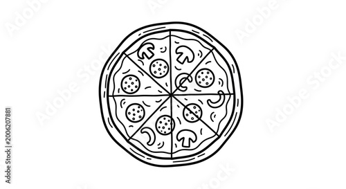 Hand drawn doodle style whole pizza with pepperoni and mushroom toppings, sliced and ready to eat, black and white line art sketch vector