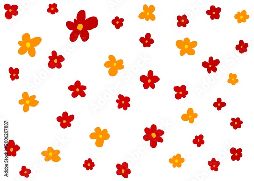 Bright red flowers with yellow centers scattered on a white background create a cheerful and cute pattern