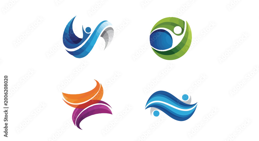 Fototapeta premium Abstract vector logos featuring swirling shapes human silhouettes and vibrant color gradients high quality professional