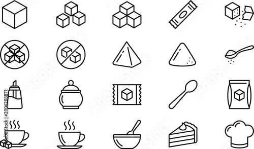 Bild auf Leinwand Set of Sugar, Sweetener, and Dessert Icons Including Sugar Cubes, Packets, Measuring Spoons, Syrup Bottles, Sugar Bowls, Hot Drinks, Cake, and Chef Hat for Cooking, Baking, Food, and Digital Designs