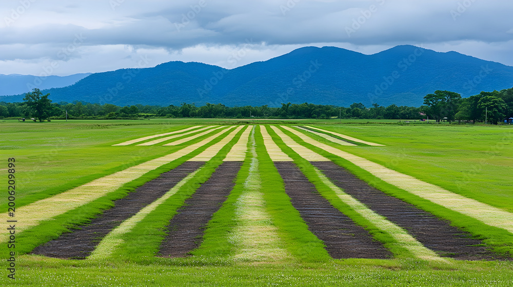 Naklejka premium Vibrant green agricultural field with geometric patterns, scenic mountain landscape under cloudy sky, rural farmland with symmetrical crop rows