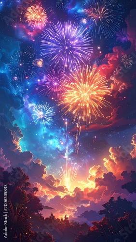 Vibrant fireworks exploding in a starry night sky