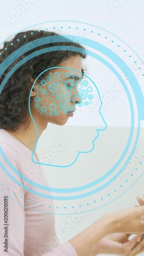 Vertical video: Non-binary person opening compact, grooming at mirror, blue brain overlay shifting