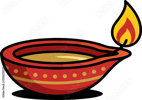 Fotografie A traditional indian clay diya lamp with a lit wick on transparent background