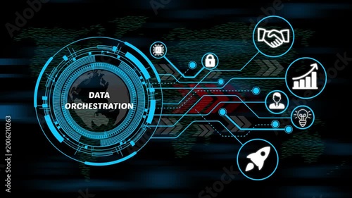 data orchestration digital ecosystem concept with smart technology, business icons and high-speed data network. 4k video animation on world map background. 