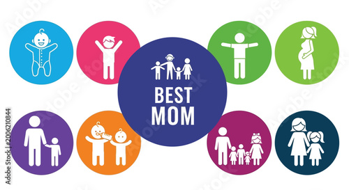 Billede på lærred A colorful graphic depicting different stages of family life culminating in a be
