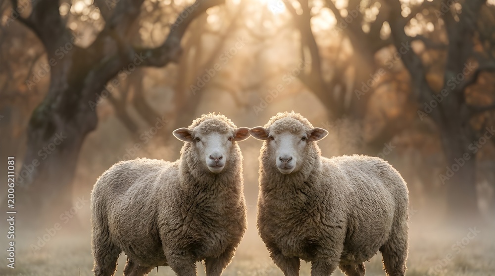 Obraz premium Two white sheep standing side by side in a misty forest at sunrise, photo of livestock animals.