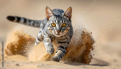 Egyptian Mau cat caught in a full speed sprint across a sandy courtyard with green eyes and silver spotted fur generative AI