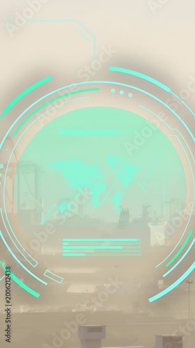 Vertical video: On advance holographic HUD pulsing and rotating over hazy port, showing cargo data