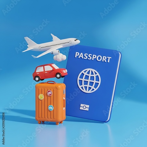 Travel and tourism concept with airplane car luggage and passport on blue background  travel documents and transportation for vacation or business trip