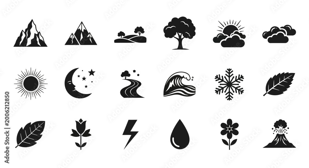 Fototapeta premium Nature Icons, Weather Symbols, Environmental Signs, 20 Black Silhouette EPS Vector Graphics