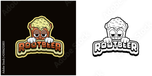 Rootbeer cartoon logo with text and a high expression. Full color and black and white design.