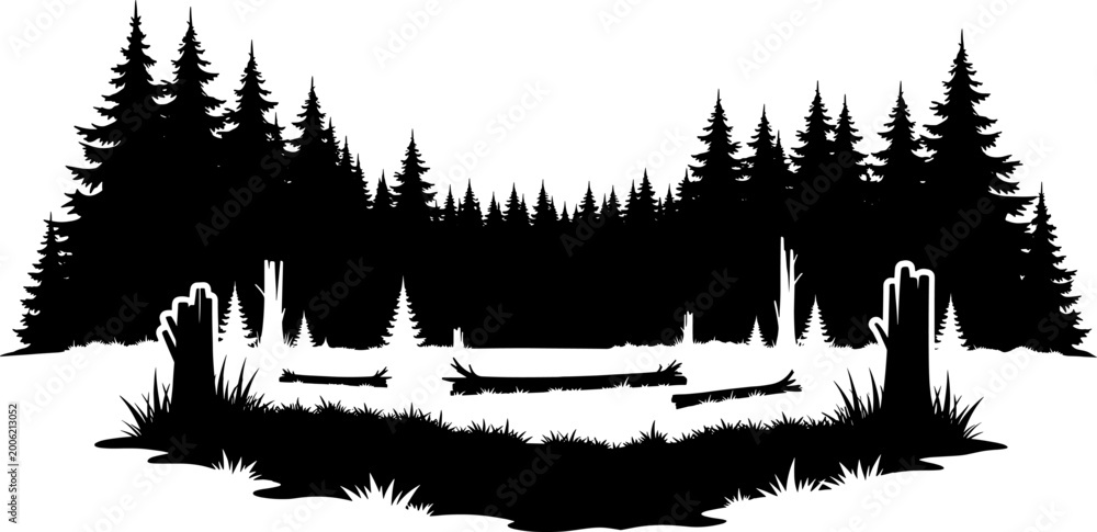 Fototapeta premium Forest clearing silhouette with tree stumps and fallen logs