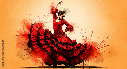 Obraz na płótnie Red dancing flamenco woman exploding into pixels