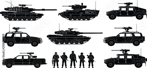 Photos Military vehicles and soldiers silhouettes set, tanks armored cars and troops co