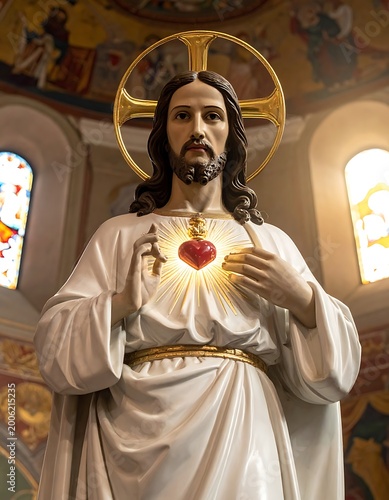 A statue of Jesus Christ with a glowing heart