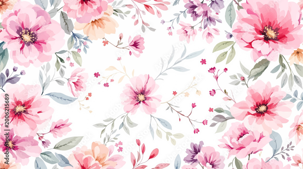 Fototapeta premium Minimal watercolor frame with delicate blooming flowers