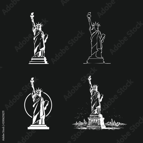 Statue of Liberty Vector Illustrations Collection: Diverse Artistic Styles on Black Background