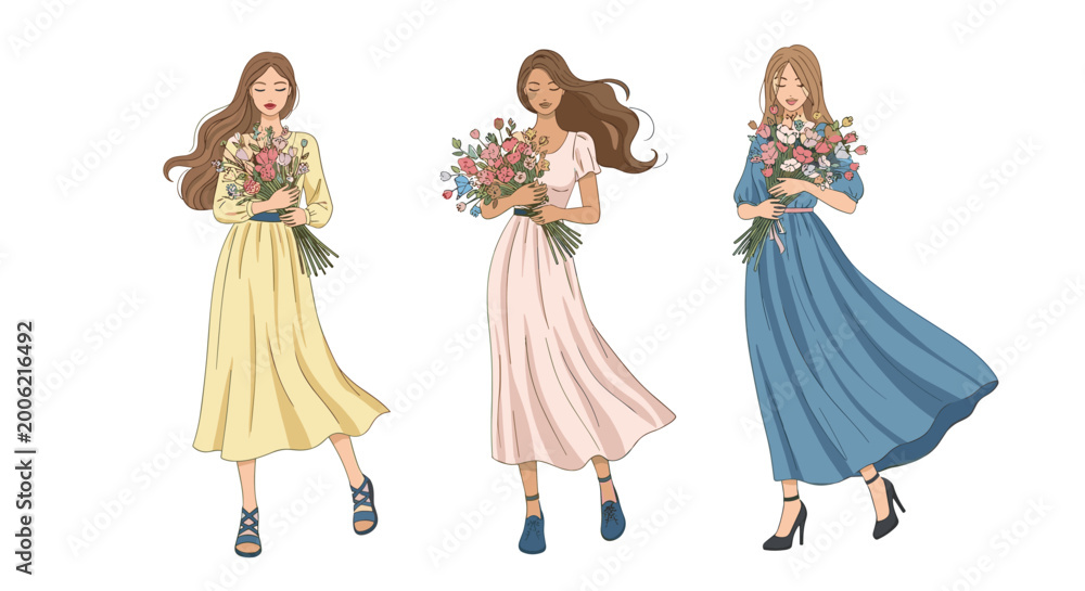 Fototapeta premium Set of three elegant women wearing long stylish dresses and holding beautiful bouquets of colorful flowers in their hands for spring.