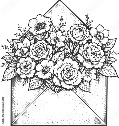 Fotografia Floral Envelope with Flowers Vintage Engraving Illustration