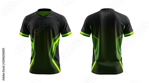 Black and neon green sporty t-shirt mockup, front and back view, isolated on white background, perfect for sports apparel branding and design