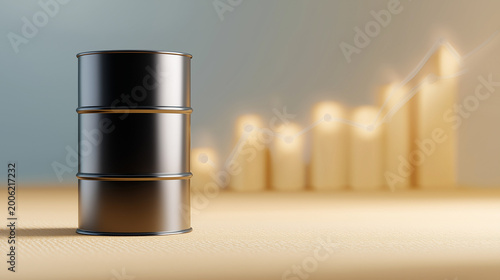 Basic oil barrels stand in front of a growing chart representing market trends and economic activities in a business environment