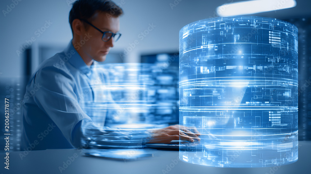 Fototapeta premium Data infrastructure and data pipeline development. Data integration. Engineer using laptop computer to design data processing system and data warehouse.