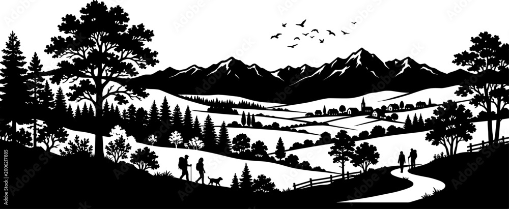 Obraz premium Hikers walking toward mountain village silhouette