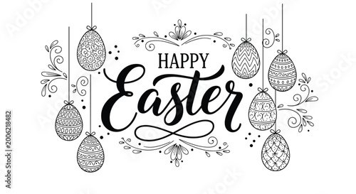 Stylish Happy Easter calligraphic text framed by various hanging patterned eggs and decorative swirls in a classic black and white style.