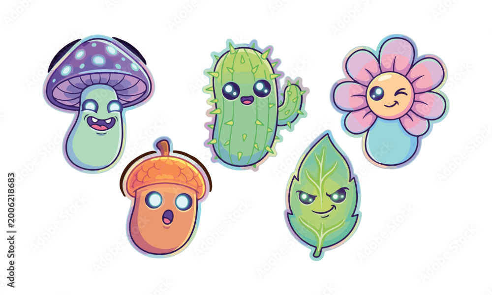 Fototapeta premium Cute Glow Forest Beans Sticker Set on Black Background