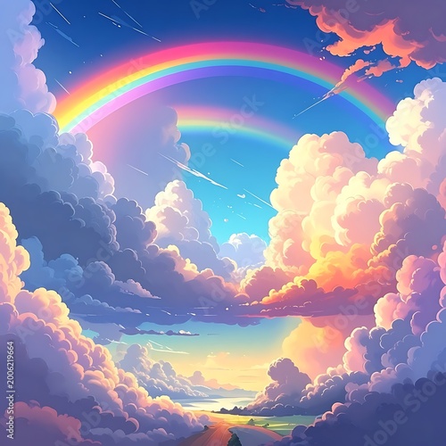 A vibrant rainbow spanning across a bright blue sky with fluffy clouds