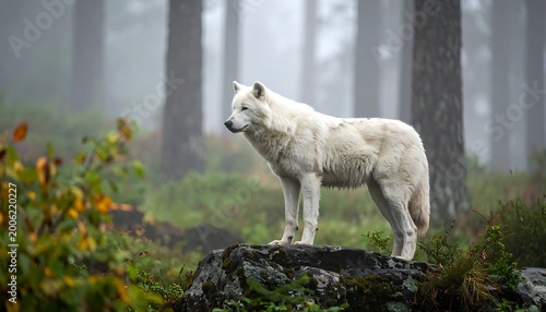 A white wolf stands on a rocky outcrop in a misty forest