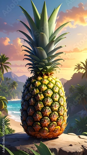 Vibrant pineapple on rock by serene tropical beach at sunset
