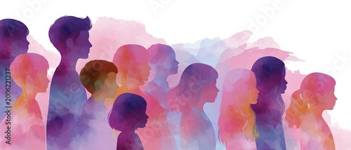 Diverse children silhouettes symbolizing inclusion, equality and unity. Abstract watercolor banner representing children rights, protection and social diversity for International Children’s Day