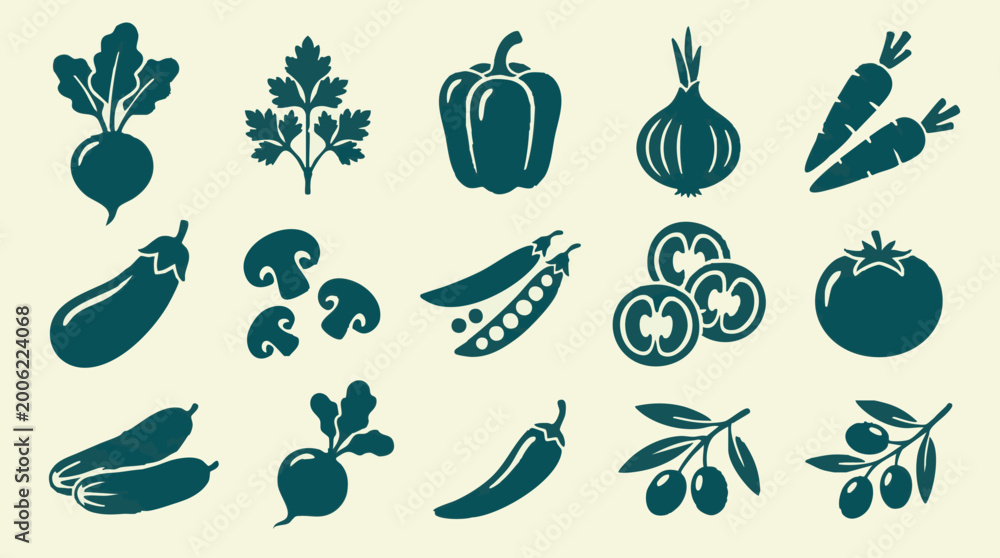 Fototapeta premium Collection of Fresh Vegetables and Fruits Silhouette Icons on Light Background