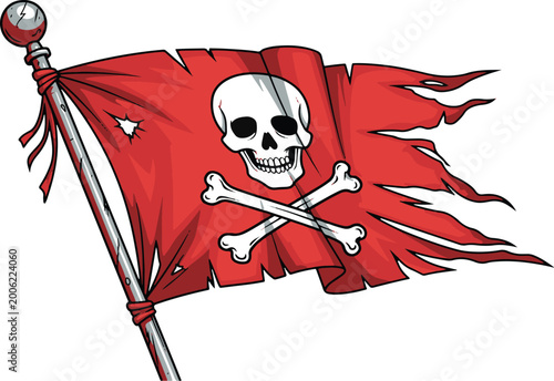 Tattered Red Pirate Flag With Skull and Crossbones