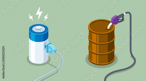 Foto Comparison of electric battery charging and fossil fuel barrel isometric illustr