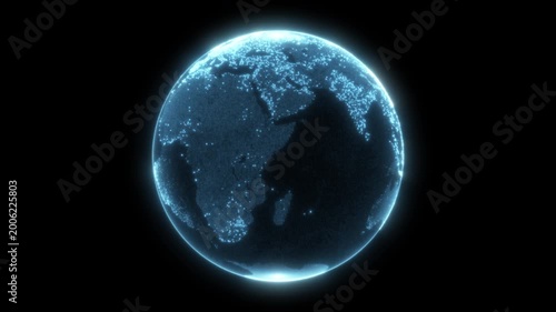 Digital blue glow dotted planet earth loop animation isolated on a black background. Rotating stylized world globe with square particles. Big data technology, communication, or digital concept