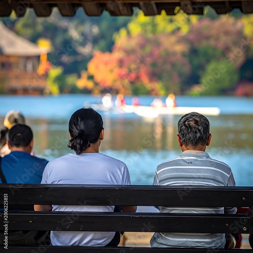 People watching a rowing team on a lake from a bench