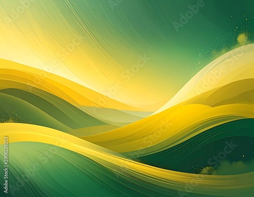 Abstract artwork with swirling yellow and green wave patterns