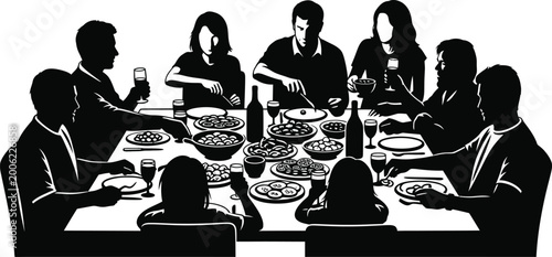 Black silhouette of people sitting around a table eating and drinking food wine