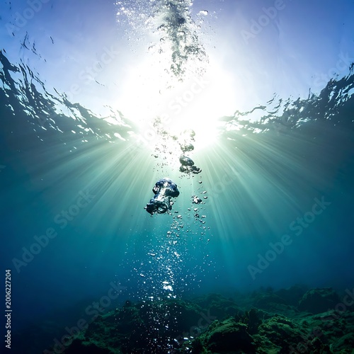 Two divers explore ocean depths under sunlit water
