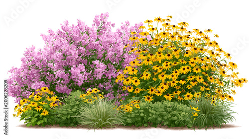Set of Spiraea japonica and Rudbeckia laciniata flowering frontal isolated on a white background background perfectly cutout high resolution Stock Illustration