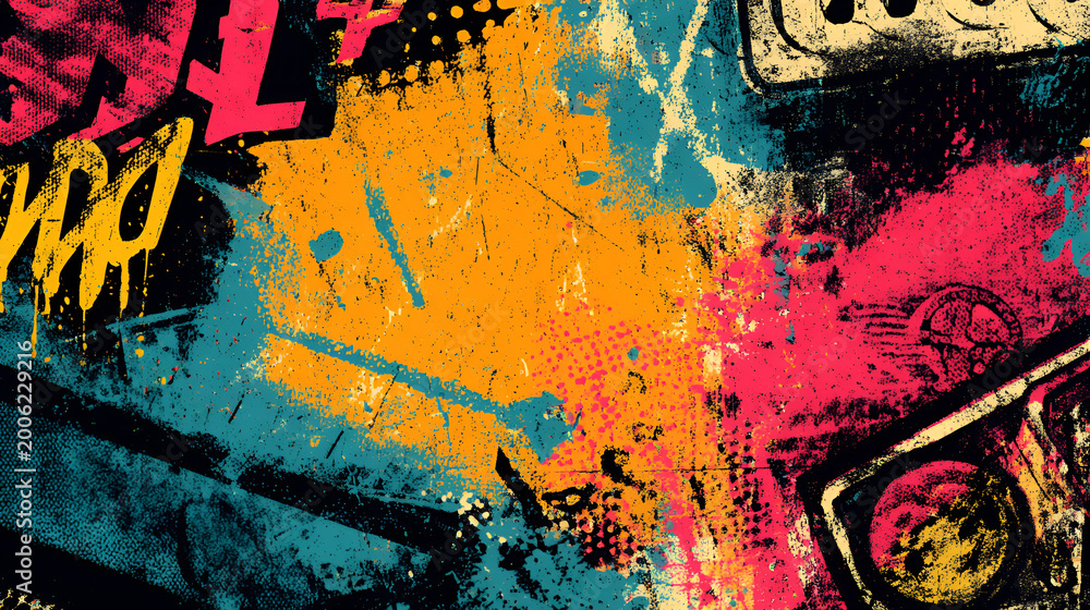 Fototapeta premium Urban punk textures with neon graffiti and distressed grunge background, featuring rough spray paint, scratch marks, and a halftone dot pattern for a vintage poster. Music and street style design.