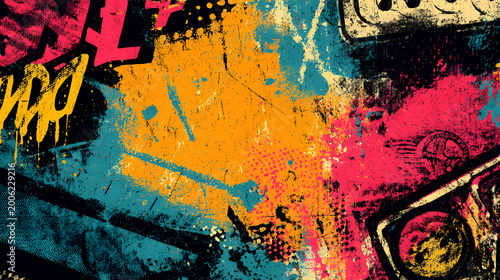 Urban punk textures with neon graffiti and distressed grunge background, featuring rough spray paint, scratch marks, and a halftone dot pattern for a vintage poster. Music and street style design.