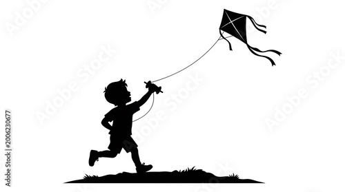 Bild auf Leinwand child flying black and white kite in grassy field minimalist silhouette illustra
