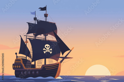 Pirate ship with black sails and skull emblem sailing at sunset over calm ocean.
