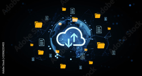 Cloud data transfer interface with glowing icons around digital globe in futuristic network concept illustration on dark blurred background. 3D Rendering