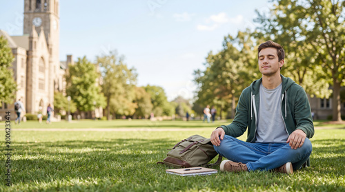 Man meditating on campus lawn for student mindfulness and mental wellness