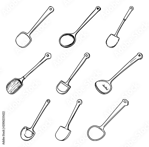 Fotografía Cooking utensils set with simple line art design featuring a serving ladle, soup